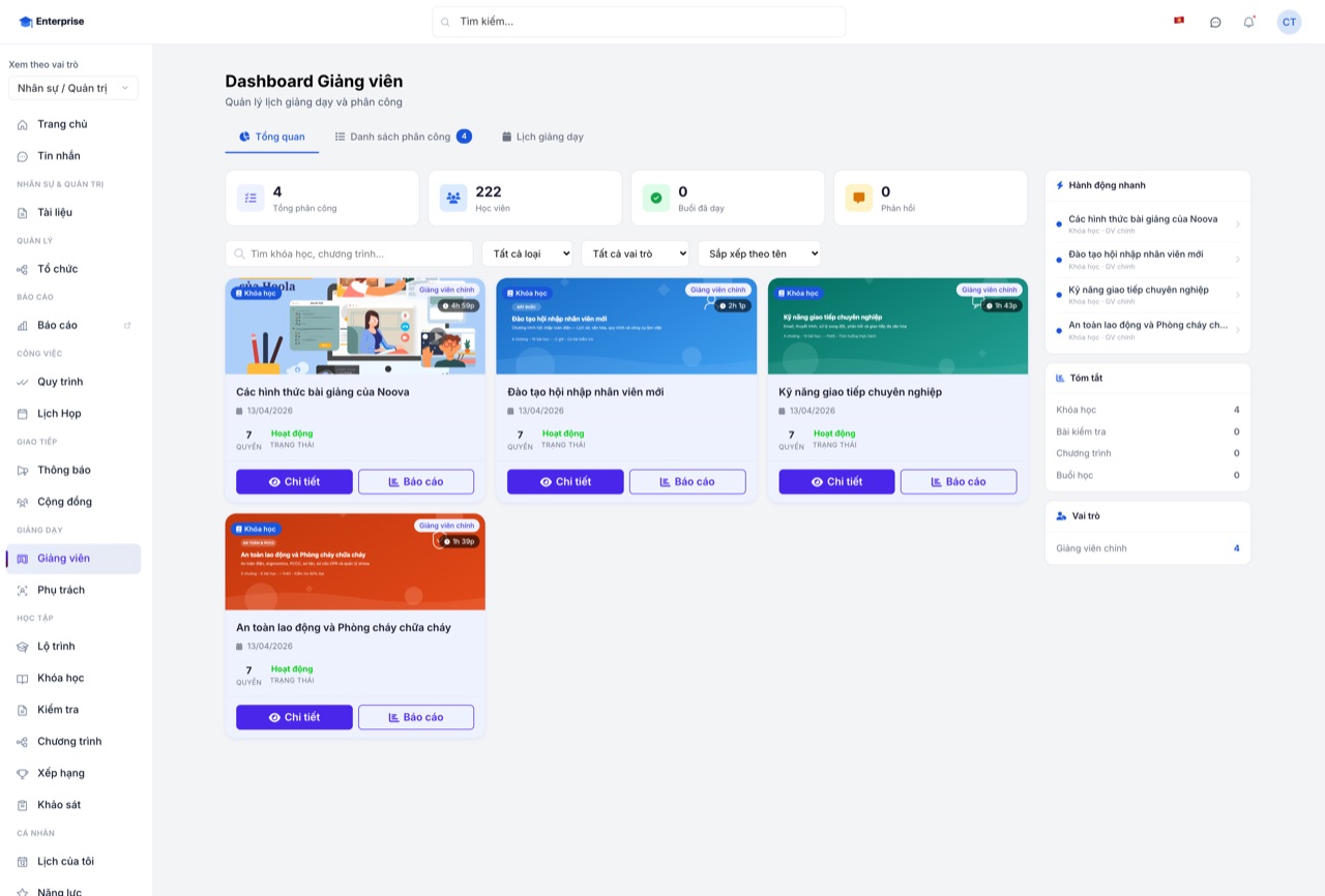 Dashboard giảng viên trên Noova